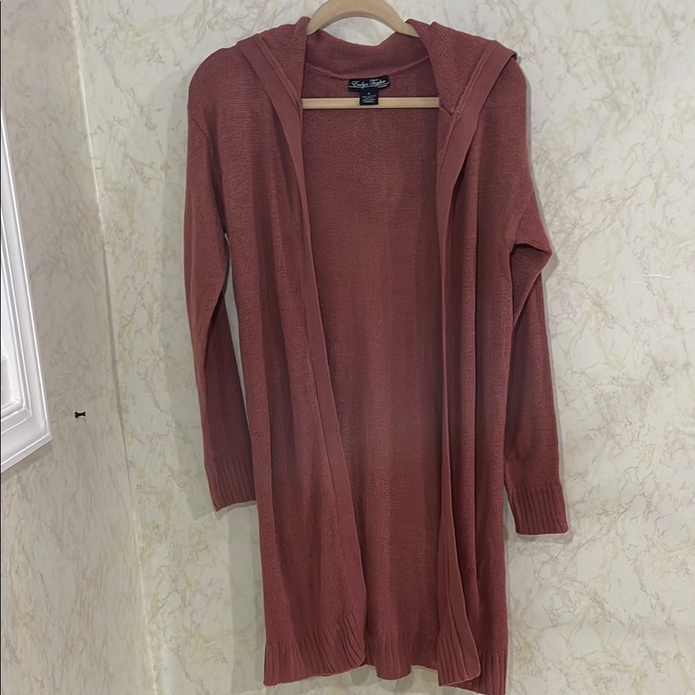 Mauve Open-Front Hooded Cardigan Sweater